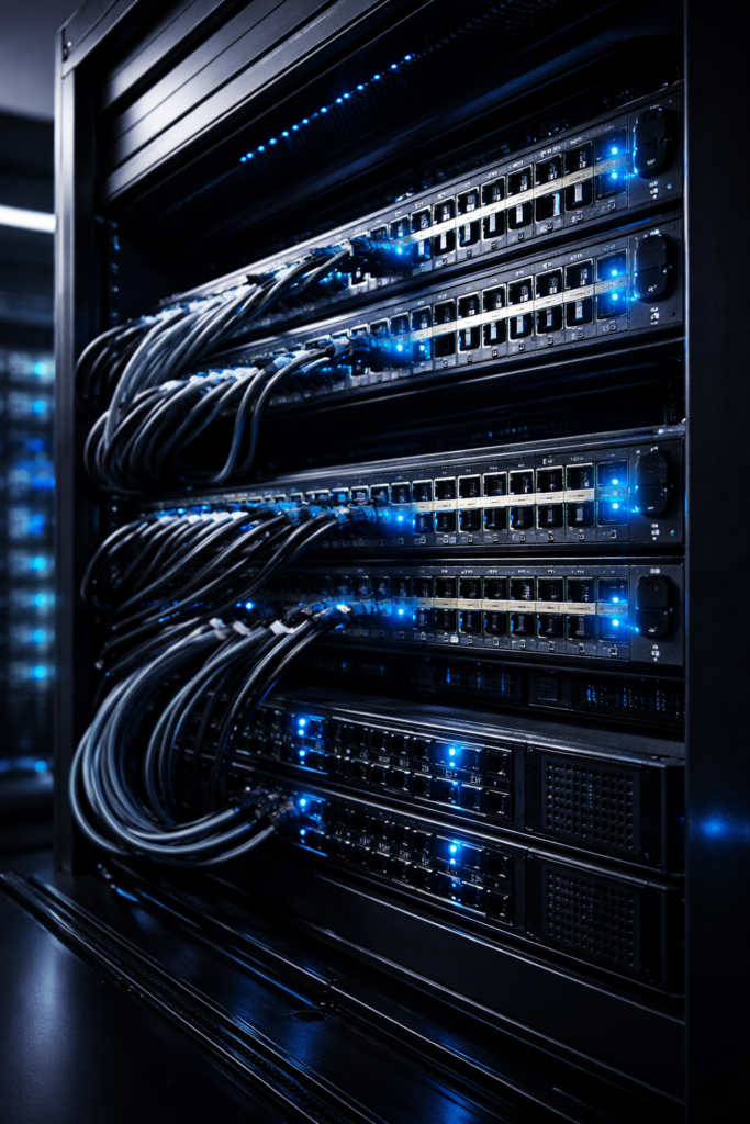 A network rack with patch cabling and status lights