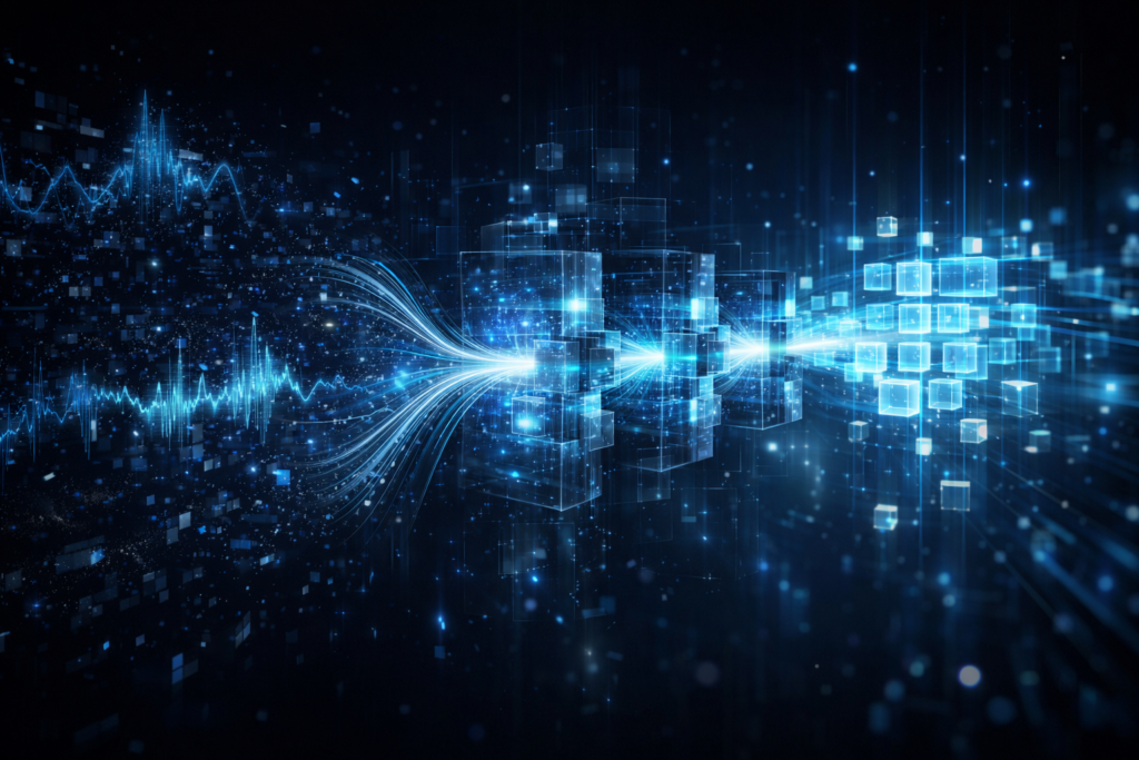Abstract visualization of data flowing through connected systems